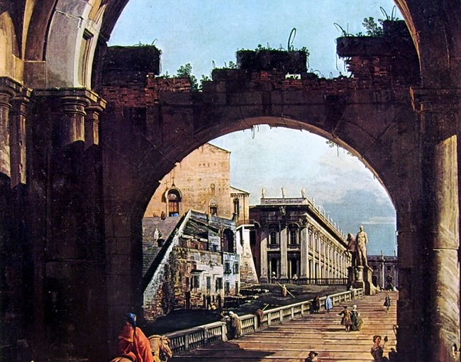 Bernardo Bellotto: Capriccio romano con il Campidoglio, cm. 134 x 116, Galleria Nazionale, Parma.